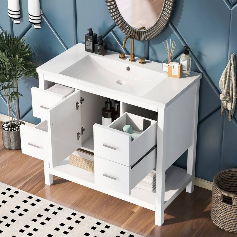 36" White Modern Bathroom Vanity with USB,Two Shallow Drawers, One Deep